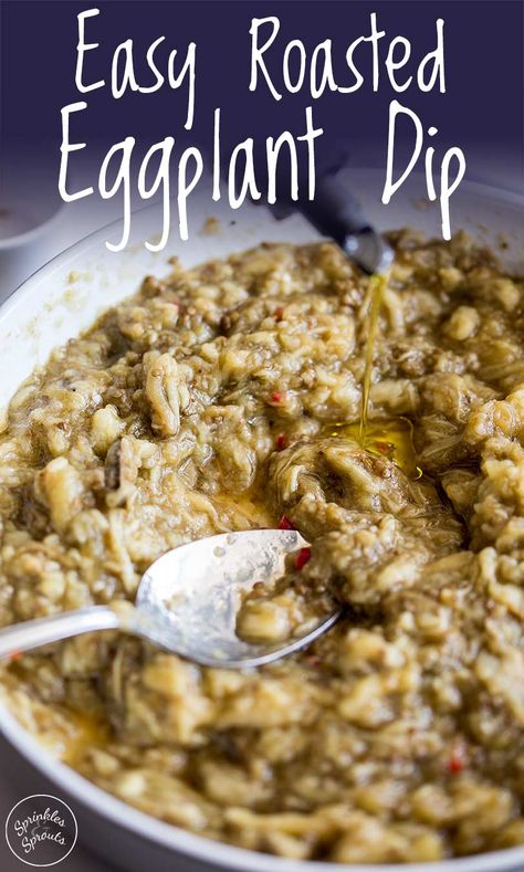 This Easy Roasted Eggplant dip is so delicious you will never believe that is it healthy. But it is! It is naturally vegan, gluten free, low calorie and keto/paelo friendly. Plus it is so simple to make. The roasted eggplant is mixed with fresh garlic and cumin, then salt and chilli perk up the flavor and extra virgin olive oil to finish the dish. With no tahini and no dairy this eggplant dip is the perfect appetizer or pot luck dish. Eggplant Dip Recipes, Vegetarian Party Food, Roasted Eggplant Dip, Healthy Eggplant, Green Tomato Recipes, Eggplant Dip, Roasted Eggplant, Meatless Main Dishes, No Dairy