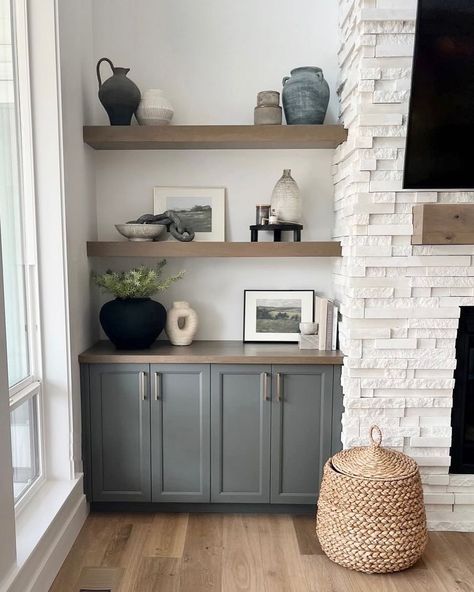 Modern Farmhouse Shelf Styling, Decor On Floating Shelves Living Room, Shelves On Sides Of Tv, Shelf Around Fireplace, Fireplace Space Ideas, Built In Floating Shelves Living Room, Living Room Built In Decor, Living Room Built Ins Diy, Shelf Beside Fireplace