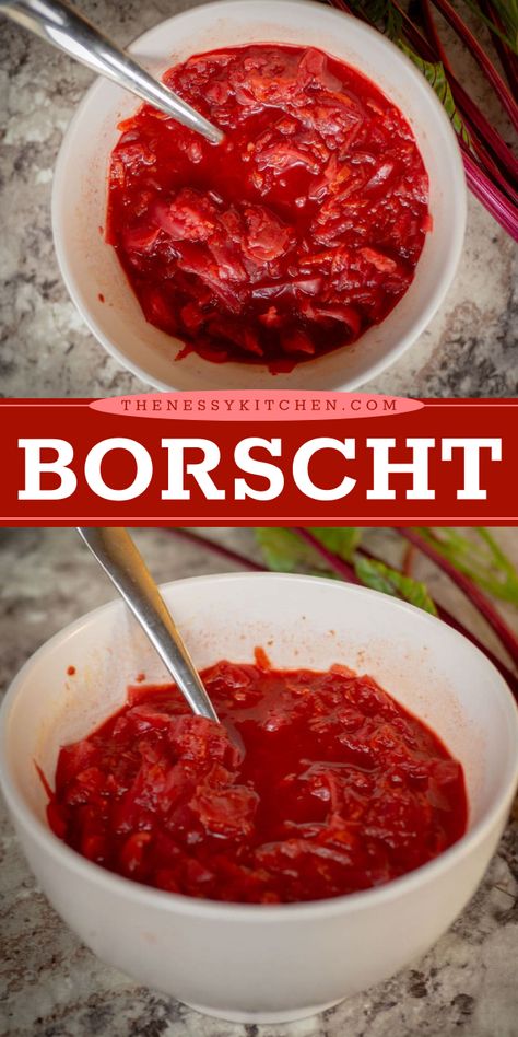 Want more hearty dinner recipes? Turn to this easy winter recipe and learn how to make Borscht! This beet soup is a cozy winter meal. Full of garden vegetables, this homemade soup is a yummy comfort food you'll surely love! Traditional Borscht Recipe, Borscht Soup Recipe, Healthy Tomato Soup, Beet Borscht, Beet Soup Recipes, Borscht Recipe, Easy Winter Recipes, Buffalo Chicken Chili, Borscht Soup