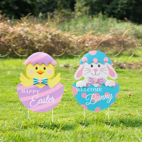 "Purchase this Glitzhome® 24\" Easter Metal Bunny & Chick Egg Yard Stake Set at Michaels. com. These Easter yard signs with stakes are designed with fancy hatched egg shapes, and the bright colors of the yard signs will catch the eyes of your guests. These Easter yard signs with stakes are designed with fancy hatched egg shapes, and the bright colors of the yard signs will catch the eyes of your guests. It could be served as decorations to celebrate the Easter party. It is sure to please kids an Pumpkin Holders, Bunny Shape, Metal Chicks, Halloween Silhouettes, Halloween Inflatables, Cute Black Cats, Outdoor Holiday Decor, Bathtub Accessories, Hoppy Easter