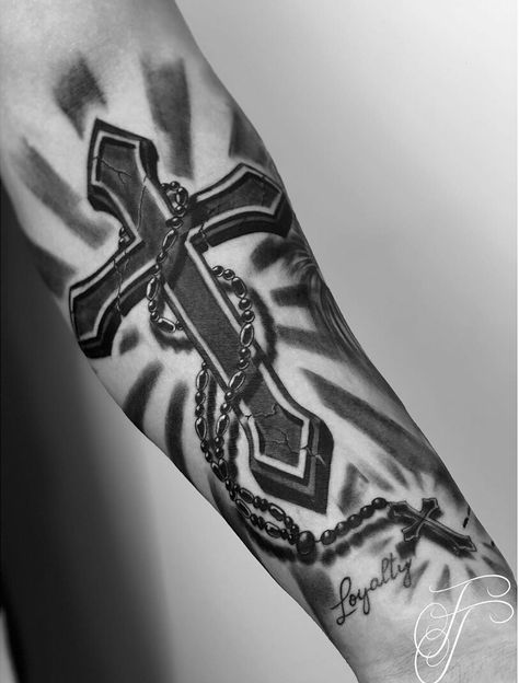 Cross On Arm Tattoo For Men, Realistic Cross Tattoo, 3 Crosses Tattoo Men Bicep, Cross Arm Sleeve Tattoo, Three Crosses Tattoo Forearm, Chrome Cross Tattoo, Rosary Tattoo On Hand, Religous Tattoo, Xo Tattoo