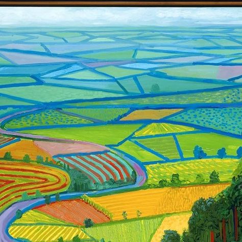 Museum of Fine Arts, Boston on Instagram: "After leaving home for art school in London during the early 1960s, and spending subsequent years in Los Angeles—where he became famous for painting glamorous, backyard pools—#DavidHockney returned to Yorkshire, with its rolling hills and verdant vistas, in the late 1990s. Revisiting the lush countryside of his youth reinforced his connection to the landscape and delight in the ways a once-familiar view of home could evoke new beginnings for an artist.  The work was recently installed in the Linde Family Wing for Contemporary Art as part of "Our Family Portrait," our 2024 Community Arts Initiative Artist Project led by Timothy Hyunsoo Lee (@timmyhlee).  🖼️: David Hockney (English, born in 1937), "Garrowby Hill" (1998), oil on canvas. © David Hock David Hockney Landscape Paintings, Hockney Landscape, David Hockney Joiners, David Hockney Landscapes, David Hockney Portraits, David Hockney Paintings, David Hockney Art, Landscapes Paintings, Contemporary Landscape Artists