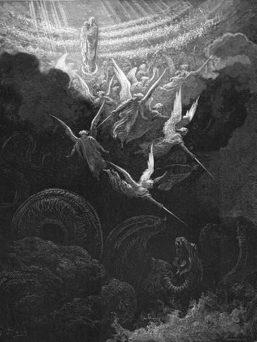 size: 12x9in Giclee Print: The Archangel Michael and His Angels Fighting the Dragon, 1865-1866 by Gustave Doré : French printmaker Gustave Doré (1832 - 1883) reigned over a menacing, nightmarish purgatory swarming with grotesque winged creatures, bodies writhing in agony and demonic entities. Doré was best known for his dramatic, black and white wood-engraved illustrations of Dante’s "Inferno," Cervantes’ "Don Quixote," Poe’s "The Raven" and the Bible. A child prodigy whose artistic talent emerg Rennaissance Art, Gustave Dore, San Michele, Biblical Art, Dark Art Illustrations, Archangel Michael, Angels And Demons, Ethereal Art, 판타지 아트