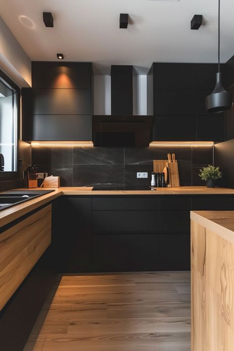 Smaller Home Ideas, Kitchen Wallpaper Ideas, Modern Kitchen Apartment, Modern Black Kitchen, Kitchen Design Modern, Wood Interior Design, Black Kitchen Cabinets, Modern Kitchen Interiors, Kitchen Interior Design Decor