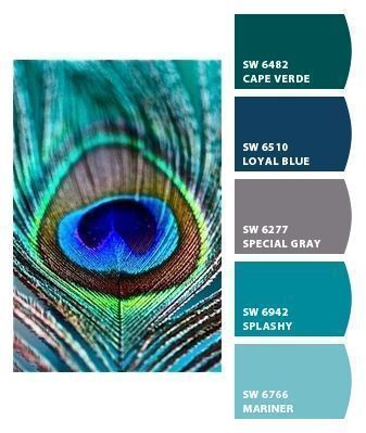 Peacock Paint Colors. Paint colors from Chip It! by Sherwin-Williams Peacock Paint Colors, Peacock Color Scheme, Peacock Bedroom, Peacock Colors, Peacock Decor, Peacock Painting, Blue Paint Colors, Peacock Color, Room Color Schemes