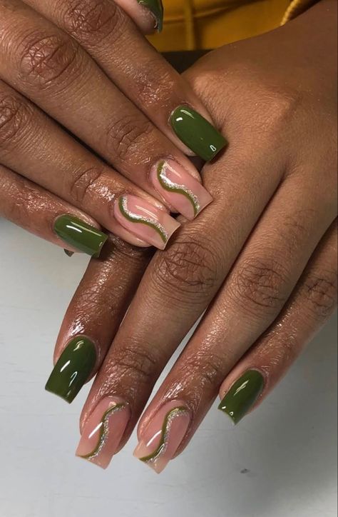 Fall Nails Green And Brown, Green Nature Nails, Army Green Nails, Olive Green Nails, Natural Nail Designs, Green Nail Designs, Dope Nail Designs, Short Square Acrylic Nails, Long Acrylic Nails Coffin