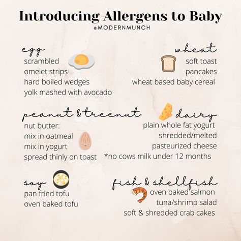 Blw Allergens, Introducing Allergens To Baby, 6 Month Old Weaning Ideas, Baby Allergen List, Baby Allergen Introduction, Food For 5 Month Old Baby, 6 Month Old Meal Ideas, Baby Solids Introduction, Baby Snacks 6 Month Old