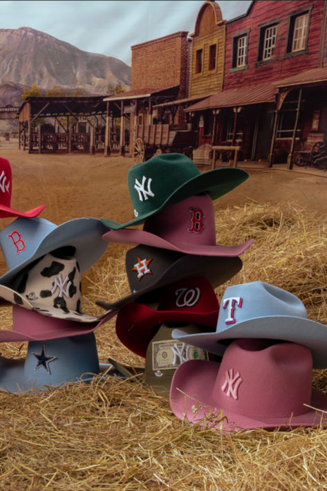 Cowboy hats with baseball team logos sitting at the ranch, yankees and ny hats, texas rangers, huston astros , dollar bill yankee different colores Ny Hats, Western Mexican, Cowboy Hat Styles, Cowboy Carter, Baseball Teams Logo, Top Of The Morning, Hat Inspiration, Western Hat, Hat Styles