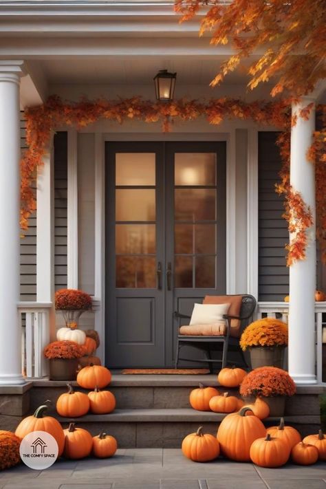 Discover elegant pumpkin arrangements that elevate your porch decor this fall. Simple yet stunning ideas await!#ElegantDecor #PumpkinArrangements #FallPorch #HomeStyle #DecorInspo Elegant Pumpkins, Pumpkin Arrangements, Front Steps, Fall Porch, Porch Decor, Elegant Decor, Cozy Fall, Autumn Home, Fall Home Decor