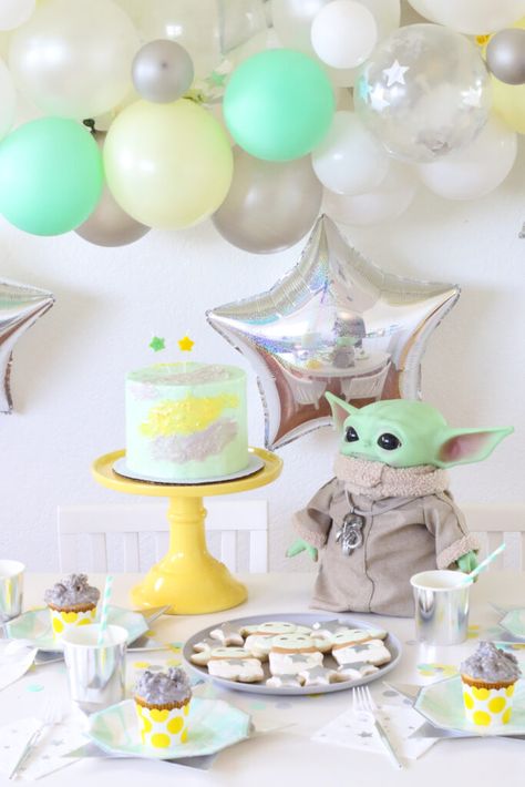 Our Little Boy's Baby Yoda 2nd Birthday Party - TWINKLE TWINKLE LITTLE PARTY Yoda Birthday Decorations, Baby Yoda Birthday, Yoda Birthday, Yoda Party, Yoda Cake, Star Wars Baby Shower, Birthday Party Table Decorations, Boy Birthday Decorations, Star Wars Birthday Party