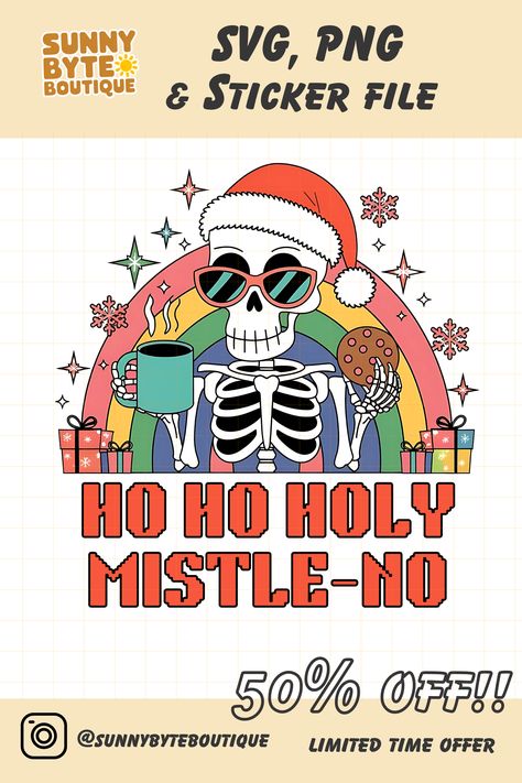 Humorous 'Ho Ho Holy Mistle-No' skeleton wearing a Santa hat, sipping a hot drink, and holding a cookie. The festive design features a rainbow backdrop, snowflakes, and gift boxes, making it perfect for Christmas cards, party invitations, and holiday-themed DIY projects. The digital download includes high-resolution PNG and SVG files for easy use in various creative designs. Skeleton Colorful, Humorous Illustration, Skeleton Christmas, Christmas Skeleton, Unique Christmas Cards, Business Christmas, T Shirt Svg, Skeleton Design, Holiday Clipart