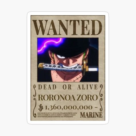 One Piece Anime Art, Wanted Sticker, Zoro Sticker, Wanted One Piece, Anime Art Style, Anime Pixel, Zoro Roronoa, One For All, Zoro One Piece