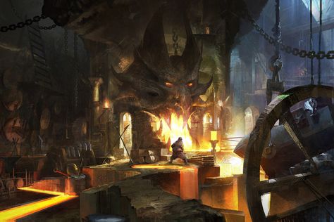 ArtStation - magical forge, hongqi zhang Forge Concept Art, Dwarven City, Goblin Art, Underground Cities, Adventure Inspiration, Dragon Pictures, Fantasy City, Fantasy Castle, Fantasy Places