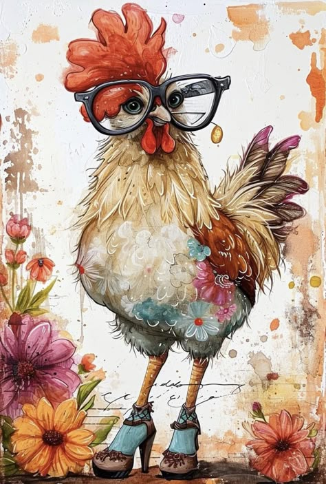 Art Kits For Adults, Chicken Pictures, Whimsical Art Paintings, Cartoon Chicken, Diamond Art Kits, Chicken Crafts, Chicken Painting, Animal Illustration Art, Rooster Art