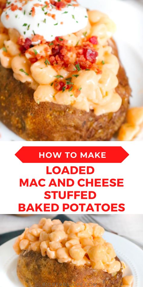 Calling all carb lovers!!! These Loaded Mac and Cheese Stuffed Baked Potatoes might be the best stuffed baked potatoes ever. Homemade Mac and cheese stuffed into a freshly baked potato is a carb lover’s dream come true! via @bigbearswife Loaded Baked Potato Mac & Cheese, Mac And Cheese Baked Potato, Loaded Mac And Cheese, Perfect Baked Potato, Boxed Mac And Cheese, Stuffed Baked Potatoes, Homemade Mac And Cheese, Roasted Fingerling Potatoes, Roasted Tomato Sauce