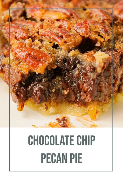 Chocolate Chip Pecan Pie is a decadent chocolate and caramel pie loaded with pecans. Easy Chocolate Chip Pecan Pie, Chocolate Chip Pecan Pie Recipe Easy, Chocolate Chip Peacon Pie, Choc Chip Pecan Pie, Peacon Pie Recipe, Chocolate Chip Pecan Pie, Chocolate Pecan Pie Recipe, Chocolate Fudge Cookies, Chocolate Chip Pie