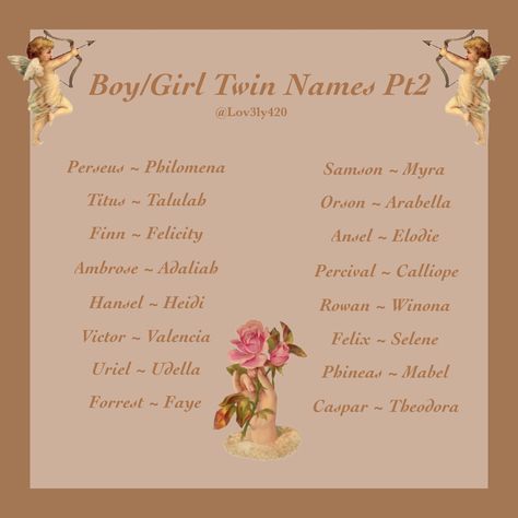 Twin Names Aesthetic, Fantasy Twin Names, Twins Names Boy And Girl, Twin Name Ideas, Twin Names Boy And Girl, Names I Adore, Names For Twins, Matching Names, Twin Girl Names