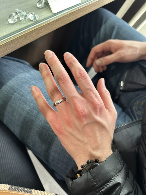 Wedding Ring Aesthetic Men, Boy Engagement Ring, Masc Ring, Male Rings Aesthetic, Men Wearing Rings, Male Engagement Ring, Hand With Ring, Money Rings, Simple Elegant Wedding Dress