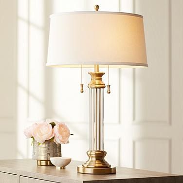 Vienna Full Spectrum Rolland 30" Brass and Glass Column Table Lamp Crystal Bedroom, Glass Table Lamps, Tiffany Style Table Lamps, Traditional Table Lamps, Bedside Night Stands, Nightstand Lamp, Traditional Table, Table Lamp Design, Metal Table Lamps