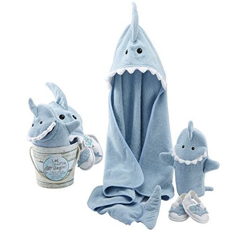 Baby Aspen Let The Fin Begin Four-Piece Bath Gift Set, http://www.amazon.ca/dp/B00SIG7FYM/ref=cm_sw_r_pi_awdl_VbzSvbB1MB0ZN Sewing Repairs, New Grandbaby, Baby Gifts Ideas, Baby Gifts To Make, Neutral Baby Gifts, Gender Neutral Baby Gifts, Shark Gifts, Baby Bath Towel, Future Son