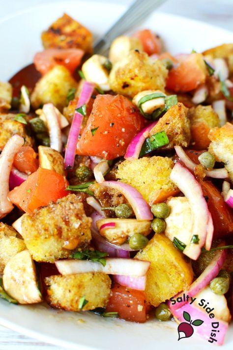 Lobster Panzanella Salad Katie Lee, Crouton Salad Recipe, Slowcooker Pasta, Mini Cucumber Sandwiches, Salad With Croutons, Cucumber Dip Recipe, Salad Tiktok, Salty Side Dish, Panzanella Salad Recipe