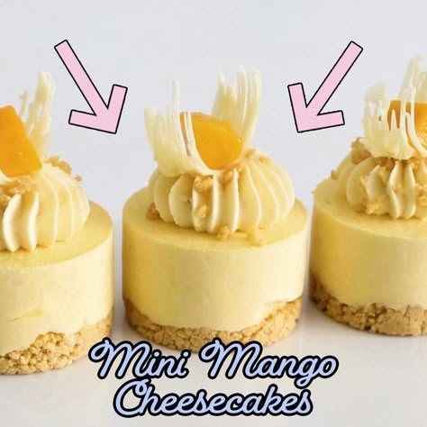 Cupcake Savvy - Mini Mango Cheesecakes You Can Easily Try At Home Make Ahead Mini Desserts, Cupcake Savvy, Mango Desserts, Patisserie Fine, Dessert Mini, Dessert Mousse, Mini Cheesecake Recipes, Chocolate Garnishes, Mango Cheesecake