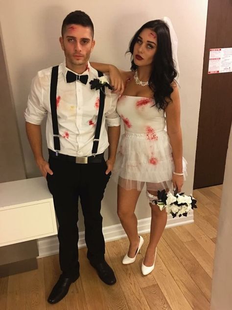 Zombie Groom Costume, Zombie Couple Halloween Costumes, Bride Groom Halloween Costume, Zombie Couples Costumes, Engaged Halloween Costume, Couple Zombie Costume, Scary Bride And Groom Costumes, Vampire Bride And Groom Costume, Bride Couples Costume