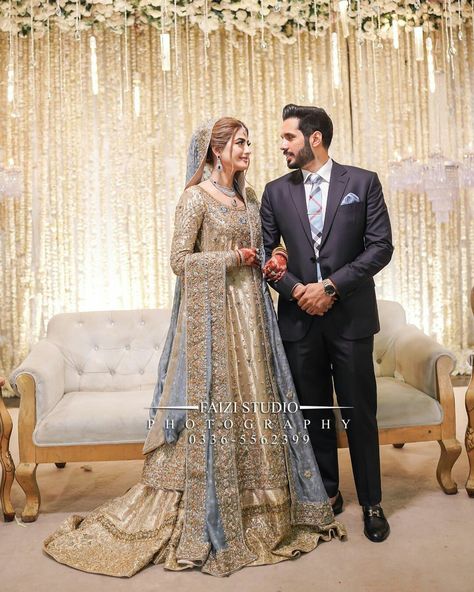 Golden Bridal Lehenga Pakistani Dresses, Waleema Dress, Walima Look, Punjabi Wedding Dress, Golden Bridal Lehenga, Bridal Lehenga Pakistani, Northbrook Park, Couple Status, Bride Design