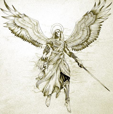 Warrior Angel Tattoo Gabriel Tattoo, Angel Tattoo Meaning, Angel Warrior Tattoo, Angel Back Tattoo, Beautiful Angel Tattoos, Avenging Angel, Guardian Angel Tattoo Designs, Archangel Michael Tattoo, Rabe Tattoo