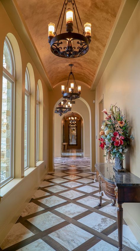 Mediterranean Flooring, Mediterranean Hallway, Cozy Home Exterior, Mediterranean Entryway, Entry Hallway Ideas, Chandelier Hallway, Mediterranean Floor, Mediterranean Style Interior, Mediterranean Interior Design