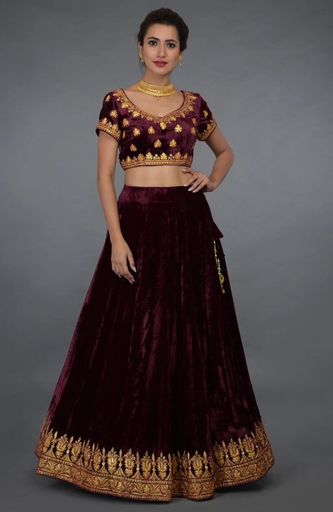 Lehenga Outfit, Tilla Embroidery, Lehenga Crop Top, Velvet Lehenga, Lehenga Skirt, Embroidered Lehenga, Velvet Crop Top, Burgundy Top, Indian Heritage