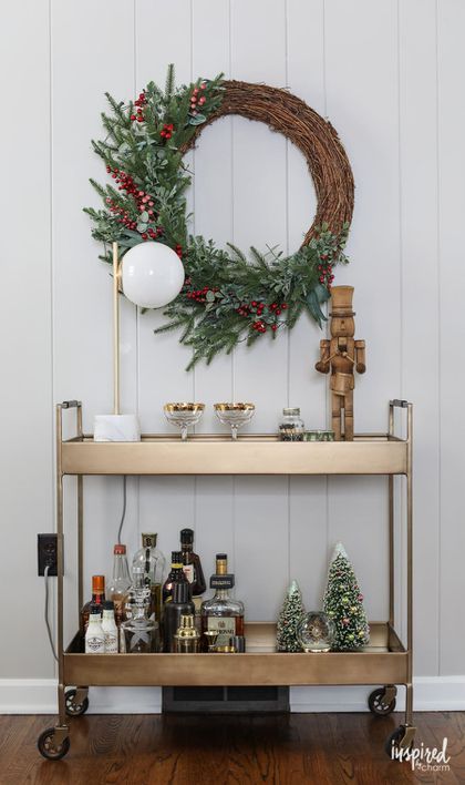 Transitional Christmas Decor, Bar Cart Christmas, Rustic Christmas Mantel, Christmas Bar Cart, Holiday Bar Cart, Mantel Styling, Coffee Bar Cart, Holiday Shoot, Metal Cart