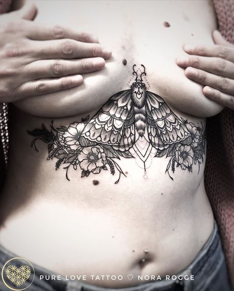 ♡NORA ROGGE ©PURE LOVE TATTOO on Instagram: “Danke Jaqueline 🥰 ✨🙏✨/// via www.purelovetattoo.com . . . . . . . . . . . #flower #moth #dotwork #mandala #pattern #thepowerofnow #tattoo…” Moth Dotwork, Baby Owl Tattoos, Luna Moth Tattoo, Sternum Tattoo Design, Dotwork Mandala, Artsy Tattoos, Underboob Tattoo, Moth Tattoo, Tattoo Care