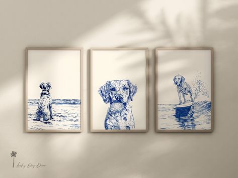 Set Of 3 - Dog Days On The Coastal Water - Coastal Home Art - Simplistic Beach Life - Dog Lovers Gift - Beach House Condo- Blue Color Sketch We are happy to announce an additional coastal series of simplistic beach life.  With all the positive feedback and requests for beach kids and dogs, it inspired us to make more!  This series is one of our favorites.  The simplistic good life depicted on a beach with dogs and kids.  We hope you enjoy these as much as we do. Enhance your living area with this coastal artwork inspired by the peace and relaxation of the ocean.  Embrace the beauty of the seaside and transform your space into a coastal getaway.  Visit our shop to see our entire selection for animal lovers, beach enthusiasts, and admirers of nature!     https://luckydaydecor.etsy.com KINDLY Coastal Artwork, Set Of 3 Wall Art, Dogs And Kids, Coastal Home, Beach Kids, Coastal Homes, Lovers Gift, Veterinarian, Beach Life