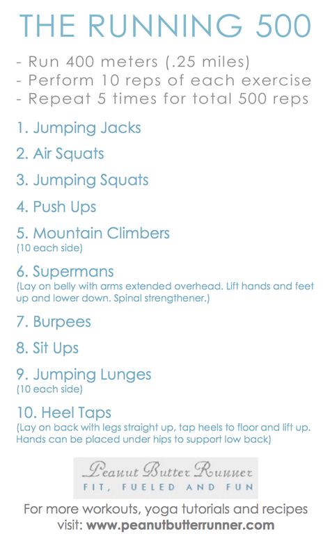 running500workoutYou’ll kick off each of the five rounds with a 400 meter run (that’s 0.25 miles) or about 2 minutes of running if you don’t have a treadmill or a GPS watch handy. The 400 meter run should be performed at a challenging pace to drive your heart rate up before the bodyweight exercises Track Training, Best Body Weight Exercises, Treadmill Workouts, Michelle Lewin, Cardio Training, Track Workout, Strength Workout, I Work Out, Running Workouts