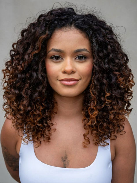 Medium curly hair with caramel highlights in a stylish shoulder-length cut. Shoulder Length Curly Hair Cuts, One Length Haircut, Hair Inspiration Medium, One Length Haircuts, 3b Curly Hair, Medium Curly Hair, Shoulder Length Curly Hair, Curly Fro, Layered Curly Hair