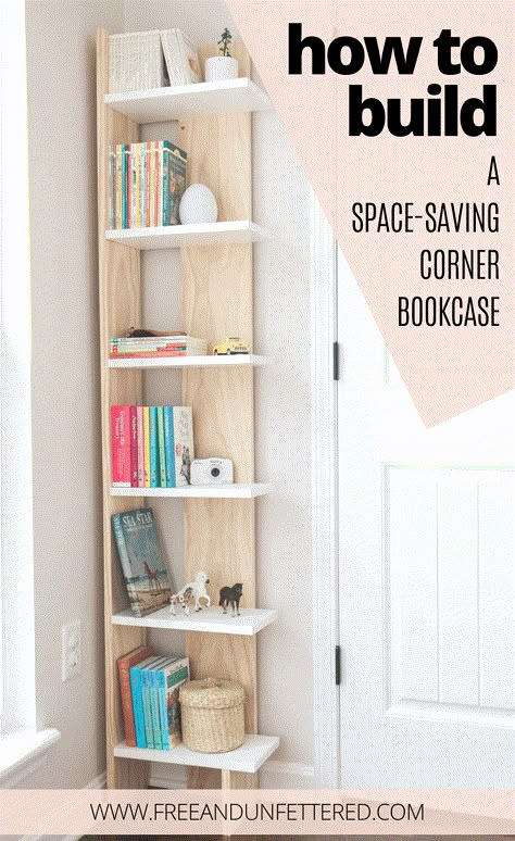 Bookcases Small Spaces, Small Diy Bookcase, Diy For Small Spaces, Diy Bedroom Bookshelves, Diy Bookshelf For Small Spaces, Diy Corner Bookcase, Build A Bookcase Diy, Book Shelves Ideas Small Spaces, Bookcase Ideas For Small Spaces