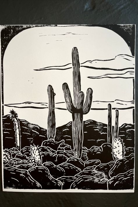 Desert Landscape Drawing, Block Print Art, Print Making Designs, Art To Frame, Lino Block, Western Desert, Lino Art, Linocut Art, Desert Art