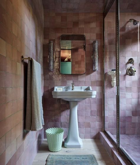 Malibu Home, Purple Bathrooms, Cle Tile, Marble Showers, Shower Fittings, Sarah Paulson, Purple Paint, Zellige Tile, Pink Bathroom