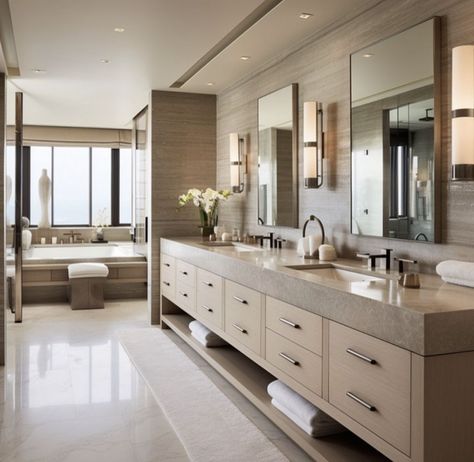 Big Bathroom Ideas Master Suite Modern, Long Vanity Bathroom, Earth Tone Master Bath, His And Hers Bathroom Master Baths, Separate Vanities In Master Bath, Owners Suite Bathroom, Master Bath Double Vanity, Master Bath Sink, Luxurious Master Bath