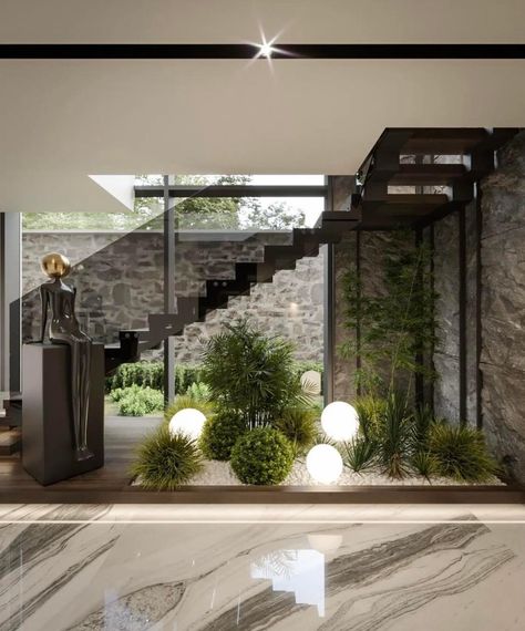 Indoor Garden Under Staircase, Landscape Under Staircase, Staircase Plants, Scandinavian Staircase, Staircase Lighting Ideas, Luxury Stairs, تحت الدرج, Staircase Interior Design, Luxury Staircase