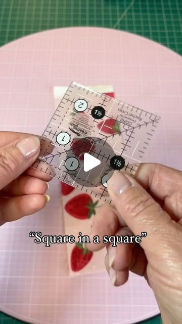 Eilene Johnson on Instagram: "Ever wonder how to sew a square in a square block? I’m showing 2 techniques!
Here are some tips:

- I used a 2 1/2” acrylic square template and fussy cut a strawberry in the middle.
- cut a background square at 5 1/2” (you can do any size center square-just add 3” to the size of the center square to get the measurement for the background square)
- lay the center square onto the background square in the middle, with the background square on the diagonal.
- use a piece of cardstock to use as a guide to fold over sides and press. Use a 1/4” seam to sew around all 4 sides.
- trim finished block using lines on a ruler to keep the square even and trim 1/4” away from the corners.
- for the outside square, cut 2 squares of fabric 1 1/2” larger than your finished block Sewing Squares Together, Quilt Squares Ideas Simple, How To Square Up Fabric, Square In A Square Quilt Block Tutorials, Fabric Squares Projects, Square In A Square Quilt Block, Quilt Squares Ideas, Square In A Square Quilt, Easy Quilting Techniques