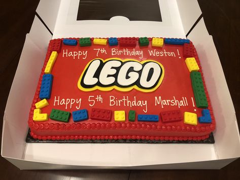 It’s an edible LEGO cake for Weston and Marshall’s birthday celebration! This 1/2 sheet chocolate cake has buttercream frosting, edible building blocks,  and a fondant logo. Taste and see that the Lord is good! Thanks for allowing Cristin to serve you!! Square Lego Cake, Lego Birthday Sheet Cake, Lego Sheet Cake, Lego Themed Cake, Shark Birthday Cakes, Lego Birthday Cake, Lego Themed Party, Happy 7th Birthday, Birthday Sheet Cakes