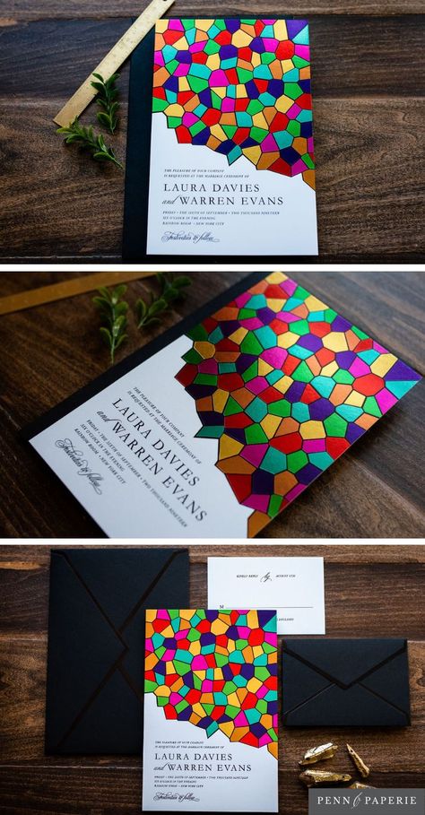 Unique Colorful-Wedding Invitation with Mosaic Stained Glass Rainbow Foil Design by Penn & Paperie  Wedding Invitation Suite | Custom | Luxury | Unique | Romantic | Love | Romance |  Timeless | Colorful | Vivid Mosaic Wedding, Stained Glass Rainbow, Colorful Wedding Invitations, Geometric Wedding Invitation, Foil Design, Spring Wedding Invitations, Indian Wedding Cards, Mosaic Stained, Pocket Wedding Invitations