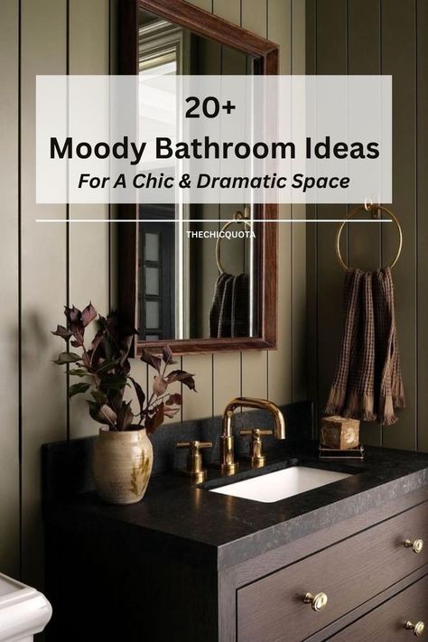 moody bathroom Moody Bathroom White Tile, Masculine Guest Bathroom, Moody Mid Century Modern Bathroom, Light Moody Bathroom, Dramatic Half Bath, Moody Green Powder Room, Small Bathroom Moody, Moody Bathroom Paint, Urban Bronze Bathroom