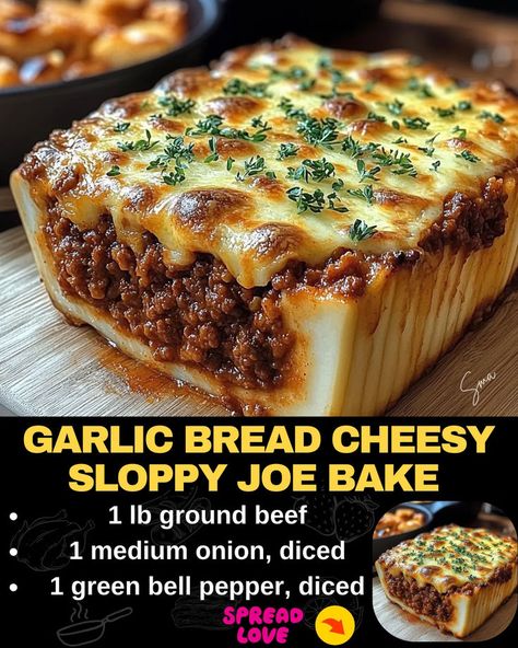 Garlic Bread Cheesy Sloppy Joe Bake Sloppy Joe Bake, Garlic Bread Sloppy Joes, Cheesy Sloppy Joes, Beef Tips And Noodles, Baked Meatloaf, Crockpot Meatloaf, Mexican Casserole Recipe, Chicken Parmesan Pasta, Chicken Pasta Bake