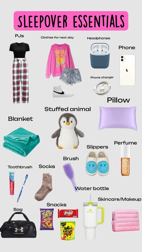 Sleepover Checklist, Sleepover Packing List, Trip Essentials Packing Lists, Fun Sleepover Activities, Teen Sleepover Ideas, Sleepover Essentials, Fun Sleepover Games, Birthday Sleepover Ideas, Road Trip Kit