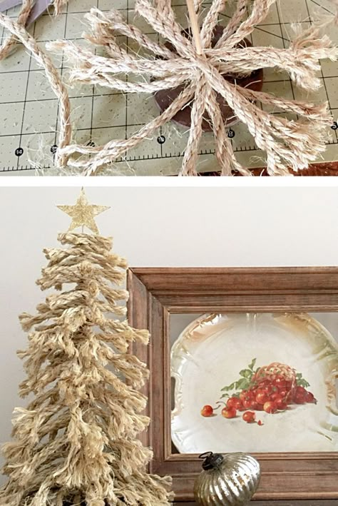 Here's the steps to make a different kind of rope tree. This one is shaggy and easy to make. Use sharp scissors and a skewer. This rope tree is at Country Design Style. It's rustic and can display any time of the year. #ropetree #shaggyropetree #treedecorations. Thrifting Projects, Rope Christmas Tree, Church Ornaments, Diy Trees, Rope Tree, Shabby Chic Weihnachten, 2023 Crafts, Boho Crafts, Sharp Scissors