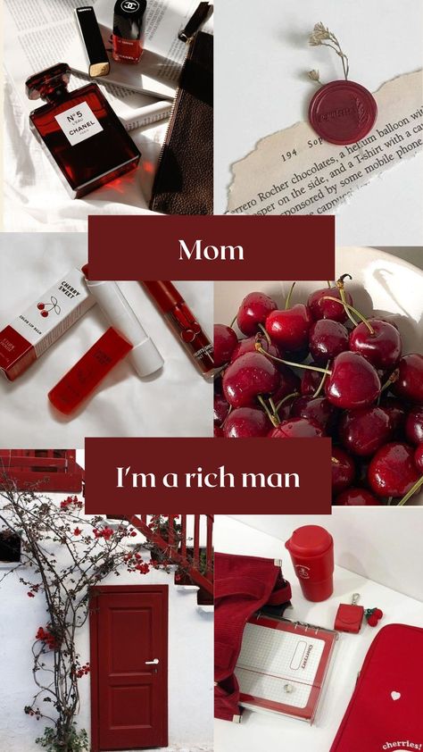 Collage red cherry aesthetic Rich Man Wallpaper, Cherry Red Aesthetic Wallpaper, Mom I'm A Rich Man, Evil Siren, Red Aesthetic Collage, Cherry Red Aesthetic, Red Aesthetic Wallpaper, Aesthetic Wallpaper Quotes, Femme Fatale Aesthetic