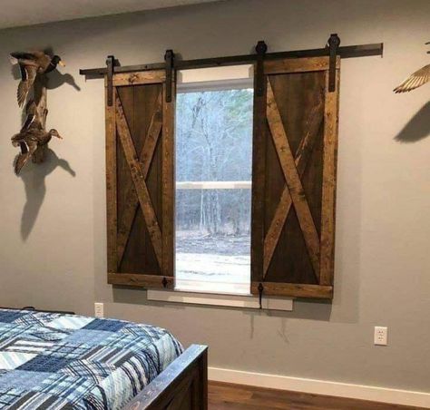 Barn Door Window, Lake House Bedroom, Rustic Lake Houses, Rustic Bedroom Furniture, Wooden Shutters, Bedroom Remodel, Living Room Spaces, Rustic Living, Country Style Homes